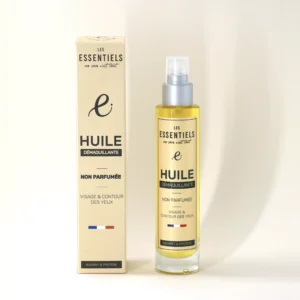Flacon d’huile démaquillante hypoallergénique 100ml, certifiée COSMOS Organic, soin visage doux.