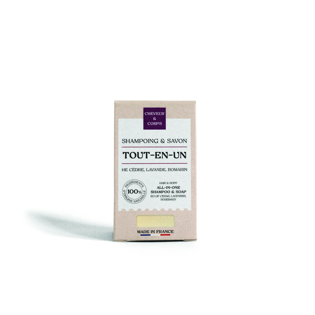 Savon-shampoing solide tout-en-1 100g, certifié COSMOS Organic, usage corps et cheveux.