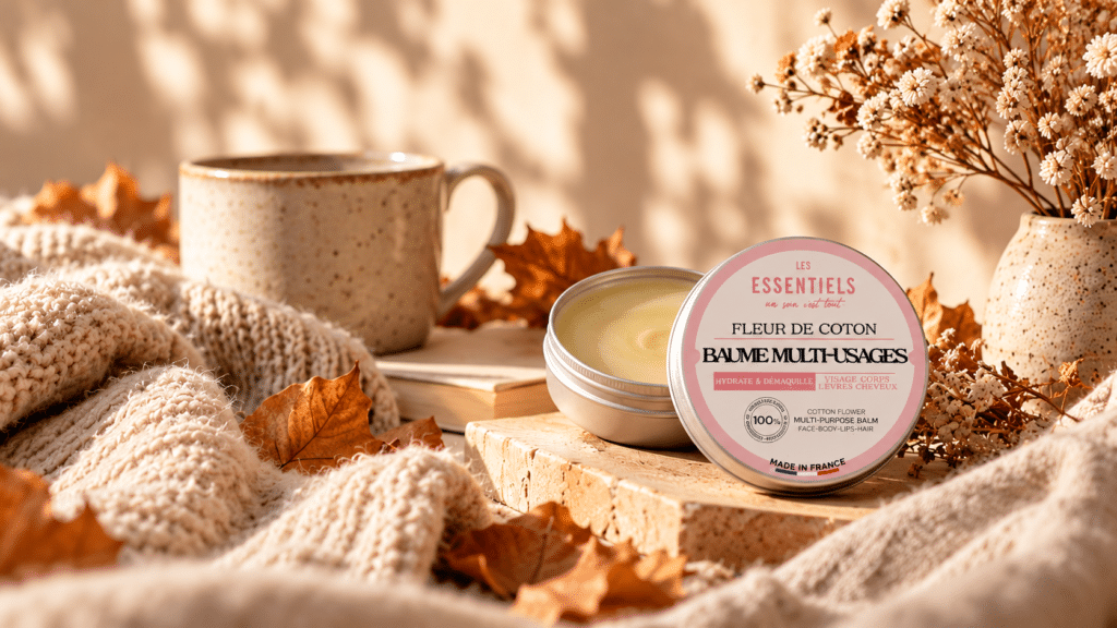 Baume multi-usages Fleur de coton Les Essentiels dans une ambiance automnale chaleureuse